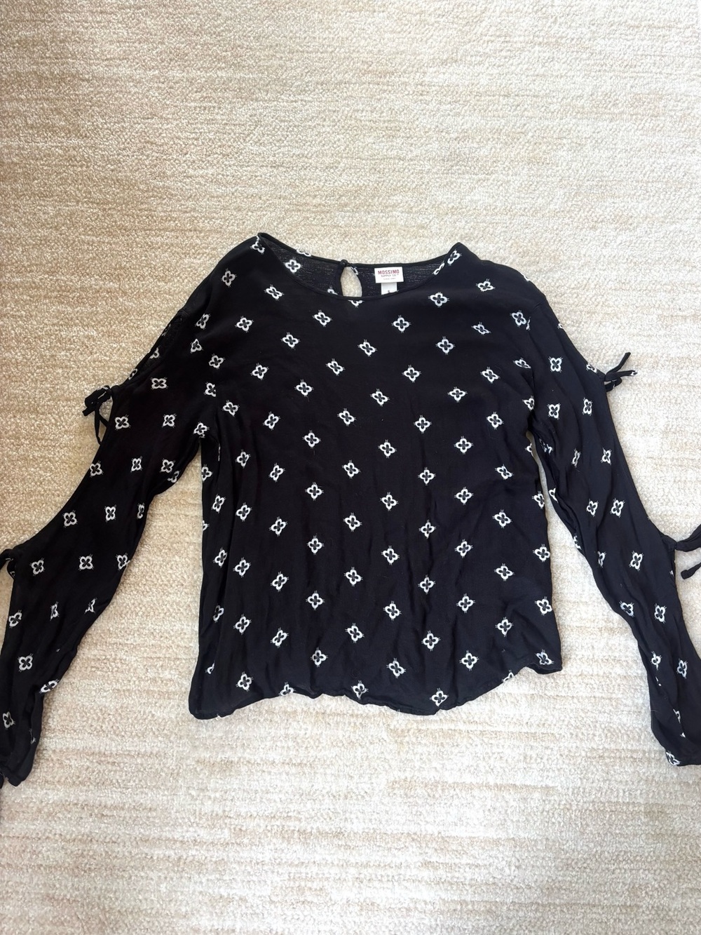 Mossimo Supply Co. Black Top with White Geometric Print and Tie Sleeves